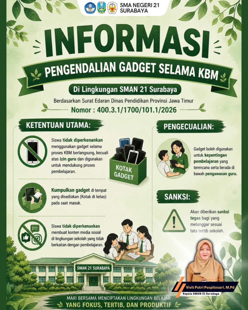 Pengumuman Pengendalian Penggunaan Gadget Selama KBM di SMAN 21 Surabaya