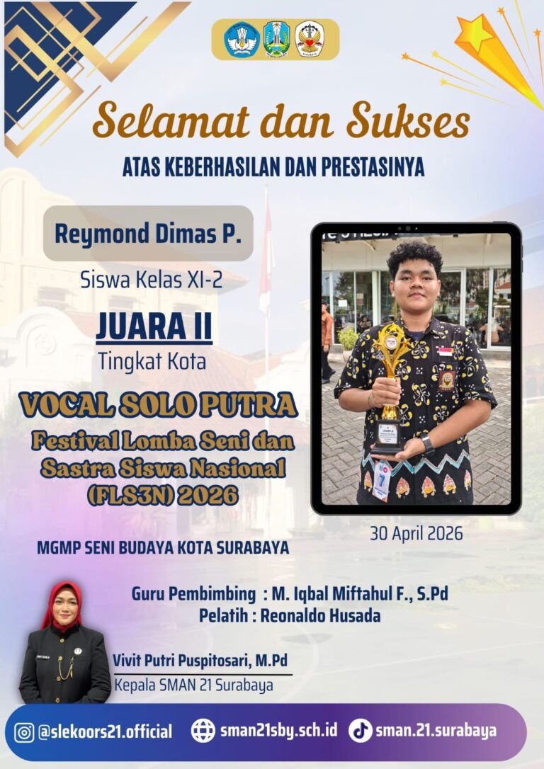 Juara II Vocal Solo Putra – Lomba Seni dan Sastra Siswa Nasional (FLS3N) 2026 Tingkat Kota