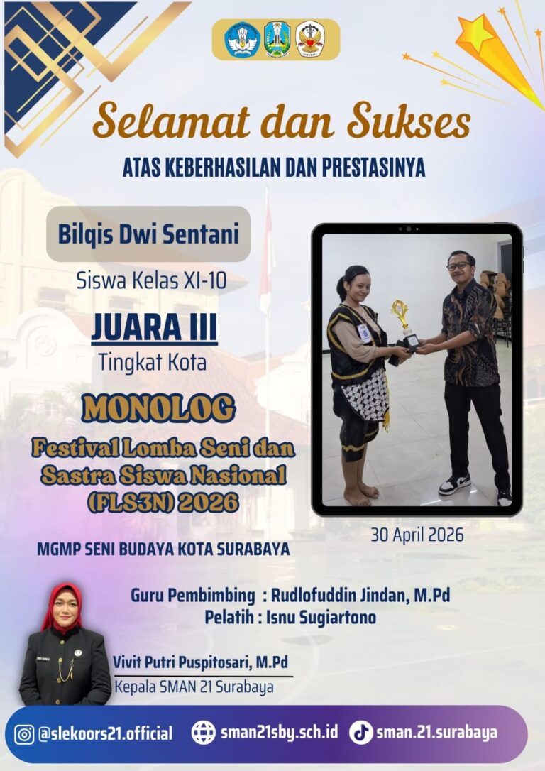 Juara III Monolog – Lomba Seni dan Sastra Siswa Nasional (FLS3N) 2026 Tingkat Kota
