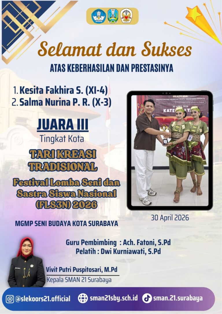 Juara III Tari Kreasi Tradisional – Lomba Seni dan Sastra Siswa Nasional (FLS3N) 2026 Tingkat Kota