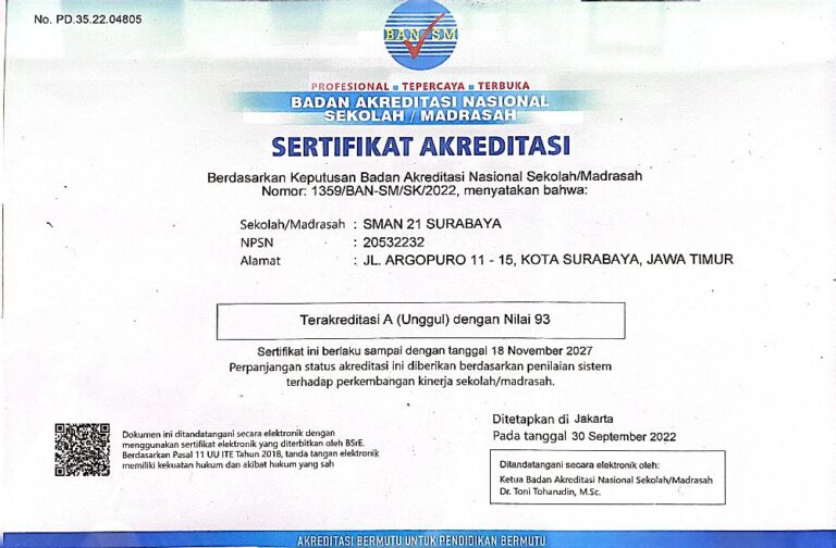 Akreditasi SMA Negeri 21 Surabaya Tahun 2026