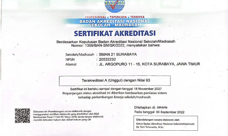 Akreditasi SMA Negeri 21 Surabaya Tahun 2026